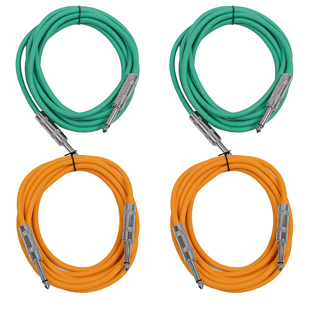 4 Pack of 10 Foot 1/4" TS Patch Cables 10' Extension Cords Jumper - Green & Orange image 1