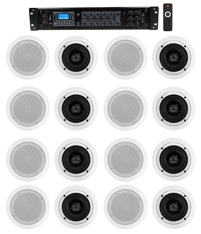 Rockville 6Zone 70v Amplifier+(16) 5.25" White 2Way Reverb