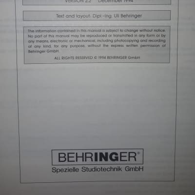 Behringer EX 2100 Dualfex The Multiband Sound Enhancement Processor Operating Manual  1994 for sale