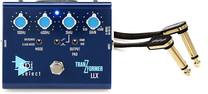 API TranZformer LLX Bass EQ/Boost Pedal with Overdrive Bundle with EBS  PG-18 Premium Gold Flat Patch Cable - Right Angle to Right Angle - 7.09 inch