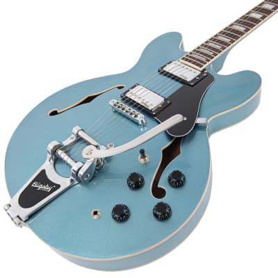 Vintage VSA500B ReIssued Semi Acoustic Guitar w/Bigsby ~ Gun Hill Blue image 8