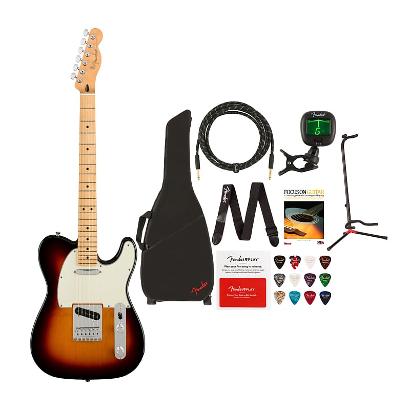 Fender Player Telecaster 6-String Electric Guitar (Right-Hand, 3-Color  Sunburst) with Gig Bag, Instrument Cable, Guitar Stand, Clip-On Tuner,  Guitar