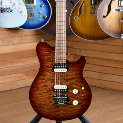 Music Man Axis Super Sport HH Tremolo Roasted Figured Maple Neck & Fretboard Quilted Amber for sale