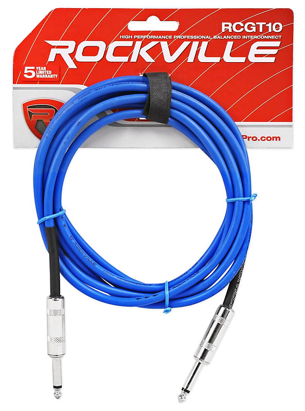 Rockville RCGT10BL 10&#039; 1/4&#039;&#039; TS to 1/4&#039;&#039; TS Guitar/Unbalanced Signal Cable-Blue  			