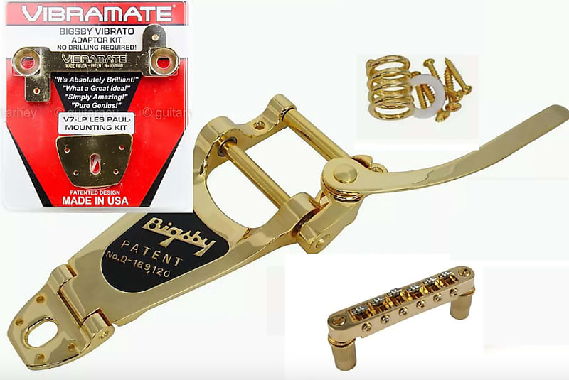 All Gold - Bigsby B7 Tremolo & Vibramate V7 EZ Mount, Allparts roller bridge, For Gibson Les Paul. image 1