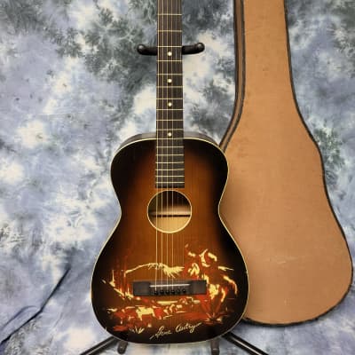 Vintage 1950 Melody Ranch Gene Autry Cowboy Stenciled Parlor Guitar Pro Setup Original Rear Load Soft Shell Case image 2