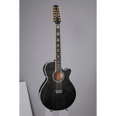 Takamine TSP158C12SBL Made in Japan 12-String Thinline Acoustic Electric Guitar with Spruce Top, Figured Maple Back and Sides, Ct-3N Electronics, Chrome Hardware, Semi-Hard Case (See-Thru Black Gloss) image 5