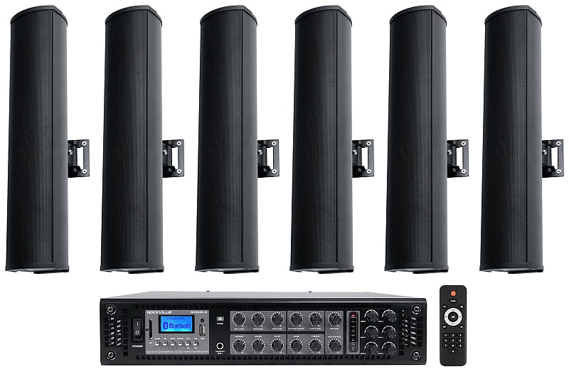 Rockville RCS350-6 70v Commercial Bluetooth Amplifier + (6) Line Array Speakers  			
