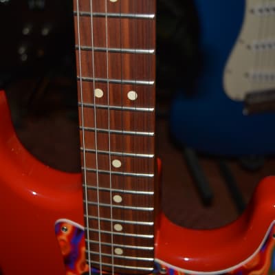A firery Fender Player Stratocaster in Red w/New Flame Pickguard, New Dunlop Straploks, New Case, & New Set-Up! image 8