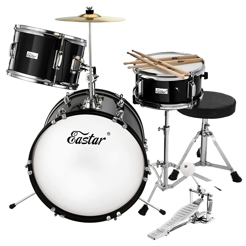 Kids Drum Set - 16 Inch 3-Piece Junior Drum Kit For Starter Beginners Ages 3-8, Including Throne, Cymbal, Pedal & Drumsticks, Mirror Black (Eds-285B) image 1