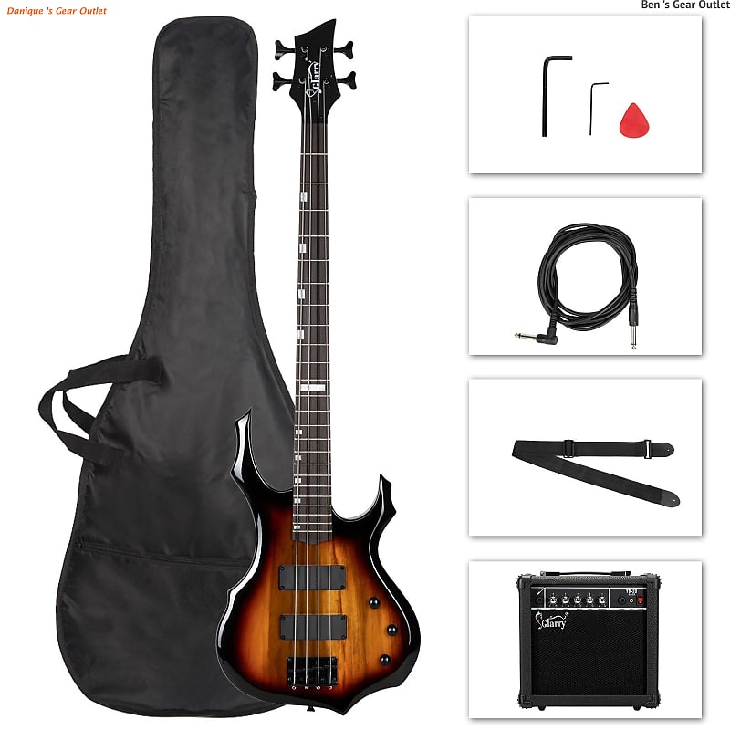 Glarry Burning Fire Bass Guitar Sunset Color 4 String Burning Fire enclosed H-H Pickup Electric Bass image 1