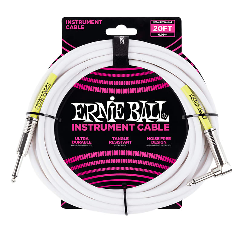 Ernie Ball 6047 20' Straight / Angle Instrument Cable - White image 1