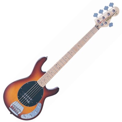 Vintage V965TSB Active 5 Bass Guitar, Flame Top Brown image 1