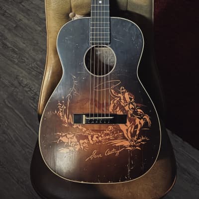 Harmony Gene Autry Round-Up 00-size guitar 1930s - Dark sunburst w/ stencil graphics image 4