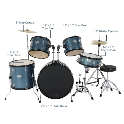 MCH Full Size Adult Drum Set 5-Piece Black with Bass Drum, two Tom Drum, Snare Drum, Floor Tom, 16" Ride Cymbal, 14" Hi-hat Cymbals, Stool, Drum Pedal, Sticks 2020s image 17