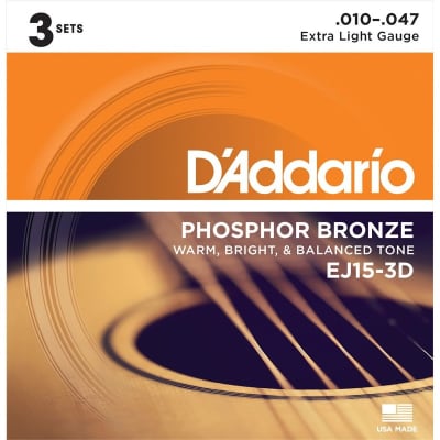 D'Addario EJ15-3D Phosphor Bronze Acoustic, Extra Light, 10-47, 3 Pack for sale