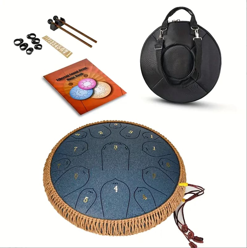 Green 15 Notes 14 Inches Steel Tongue Drum | Wide Range Steel Drum with  Carrying Bag & Mallets | Tank Drum for Healing | Random Color | Ideal for