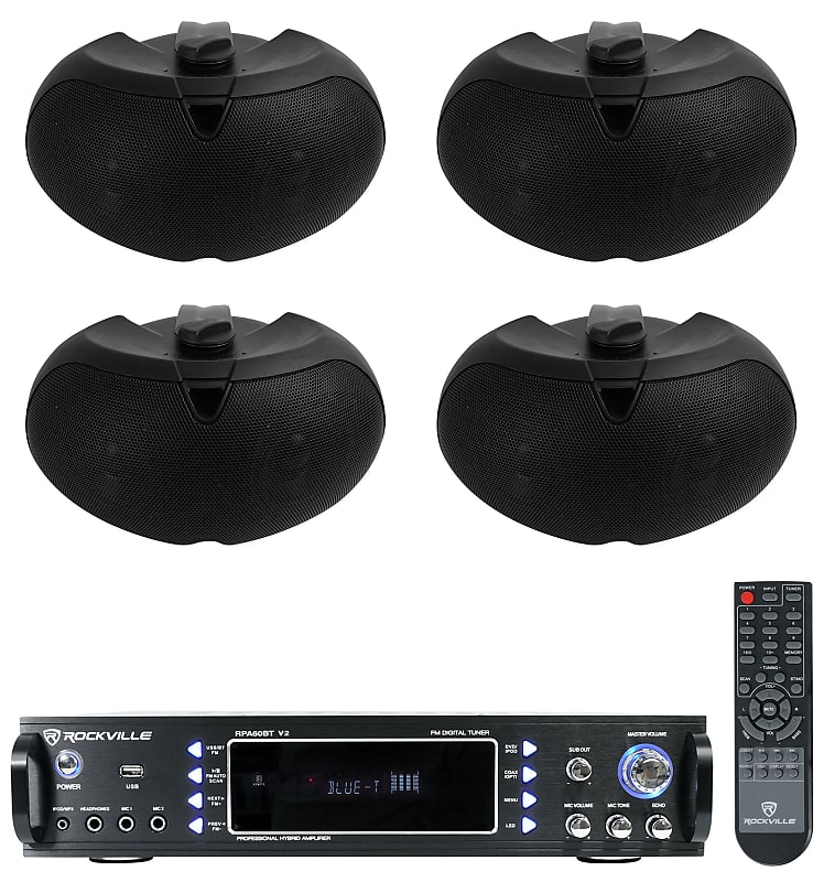(4) Rockville D4-16 Black Dual 4&quot; 16 Ohm Outdoor Home Patio Speakers+Receiver  			