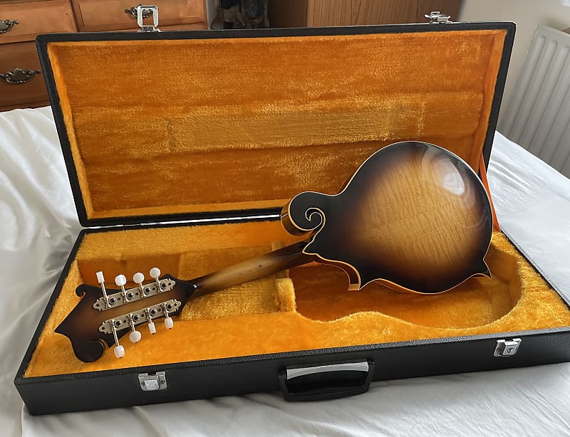 Vintage F Style Mandolin. JAPAN 1970's. ‘Bradley’ brand. K&K Pickup installed with hard case. Book matched flame maple with DOUBLE SNAKE EYES. image 1