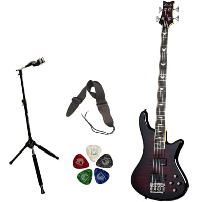 Schecter Stiletto Extreme-4 Bass Guitar (4 String, Black Cherry) Bundle with Ultimate Support Pro Guitar Stand, Guitar Strap and Classic Guitar Pick (10-Pack) image 1