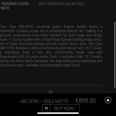 Solar Guitars AB2.6FRG 2022 - GOLD MATTE image 13