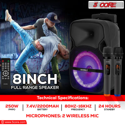 5 Core DJ speakers 8" Rechargeable Powered PA system 250W Loud Speaker Bluetooth USB SD Card AUX MP3 FM LED Ring - ACTIVE HOME 8 2-MIC image 9