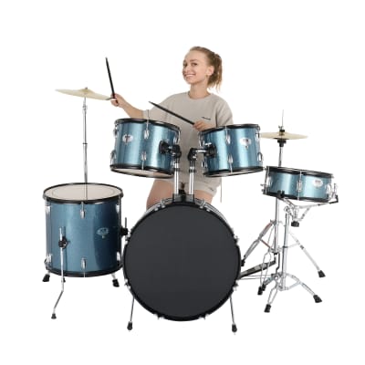 MCH Full Size Adult Drum Set 5-Piece Black with Bass Drum, two Tom Drum, Snare Drum, Floor Tom, 16" Ride Cymbal, 14" Hi-hat Cymbals, Stool, Drum Pedal, Sticks 2020s image 23