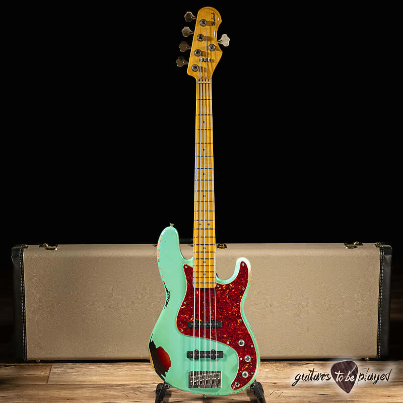 Shabat Tiger 5 String J-Bass w/ Maple Neck – Seafoam Green Over 3TSB image 1