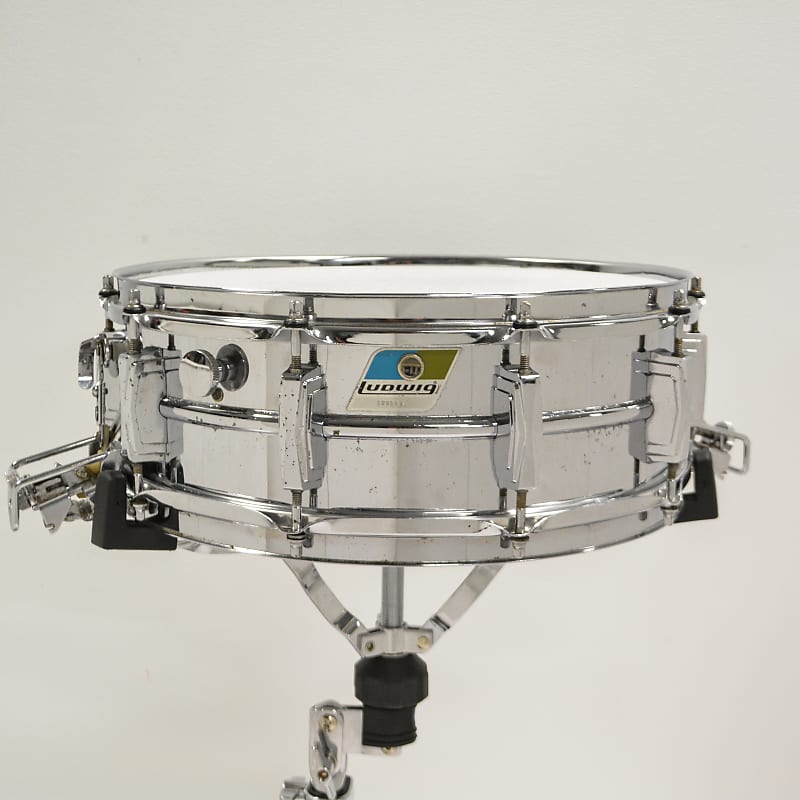 Ludwig No. 410 Super-Sensitive 5x14" Aluminum Snare Drum with Pointed Blue/Olive Badge 1969 - 1979 image 1