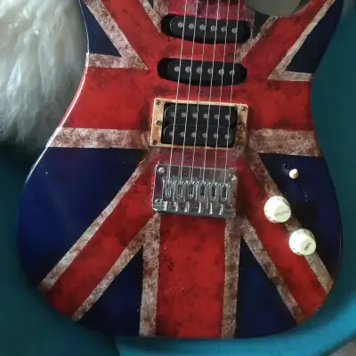 Restored and Customized Washburn Pro Guitar. Black with Hand Painted and Antiqued Union Jack on Front image 1