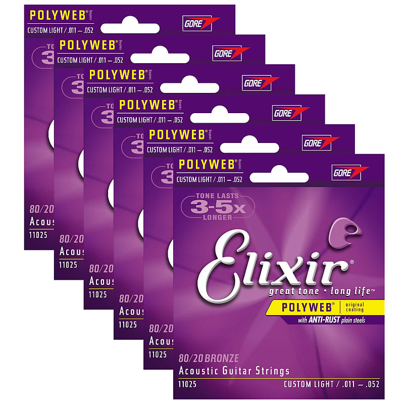 Elixir 11025 Acoustic 80/20 Poly Custom Light 11-52 (6 Pack | Reverb
