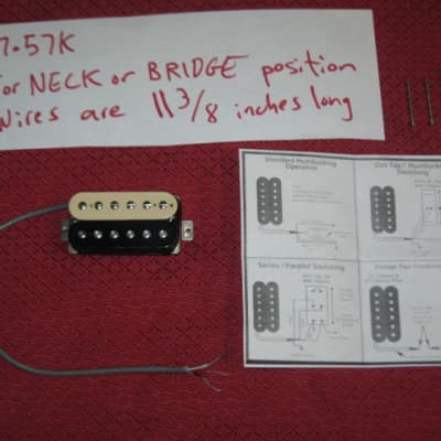 lite use (generally clean w/ few light scratches/tiny imperfections) genuine Gibson 61 Humbucker, PAF, Zebra (black/creme) 7.57k, any position, lead wire 10 & 1/4 inches, 4 conductor, Alnico 5, solder connect (+screws/springs/copy of wiring diagram) 2014 image 1