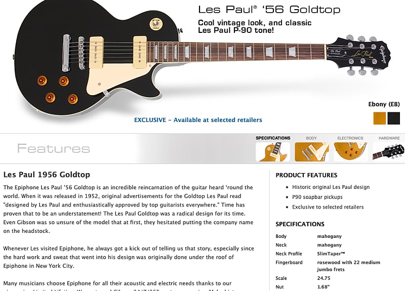 Epiphone '56 Les Paul Standard Ebony P90s Limited Edition Grovers Gibson  Gold Top