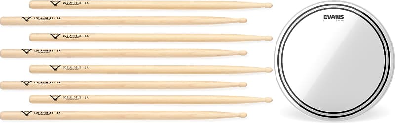 Vater Hickory Drumsticks 4-pack - Los Angeles 5A - Wood Tip  Bundle with Evans EC2 Clear Drumhead - 14 inch image 1