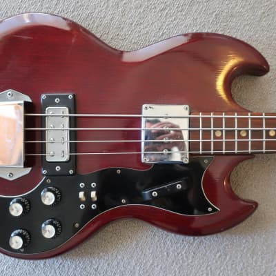 Vintage 1970s Teisco "Rhythmline" Brand SG EB Made In Japan Lawsuit Wine Red Bass Guitar Short Scale image 2