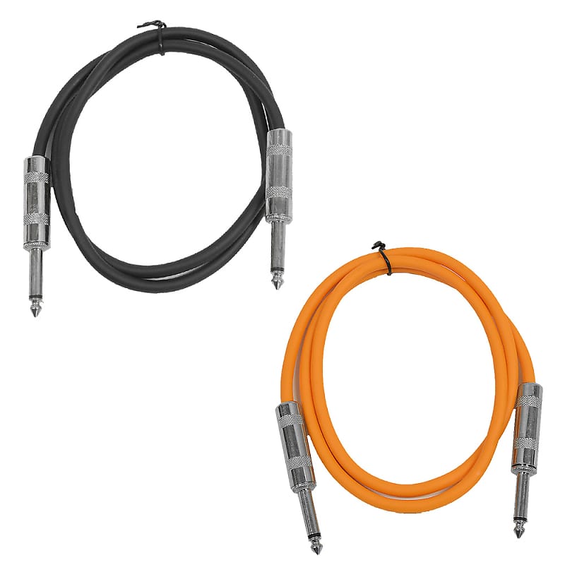 2 Pack of 3 Foot 1/4" TS Patch Cables 3' Extension Cords Jumper - Black & Orange image 1