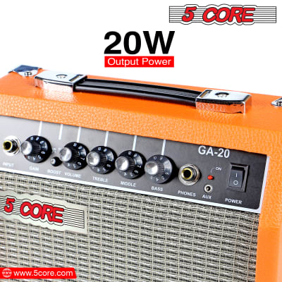 5 Core Guitar Amplifier 20 Watt Portable Mini Electric and Acoustic Bass Amp w Aux Input Volume Bass Treble Control  GA 20 ORG image 7