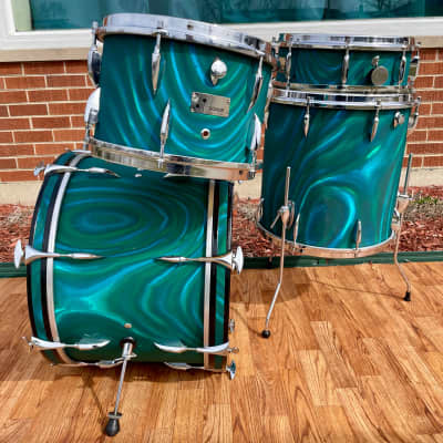 1960s Sonor Teardrop Drum Set Multi-Brilliant Turquoise Satin Flame Blue/Green 20/12/16/5x14 image 4