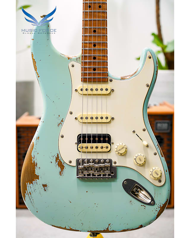 Luxxtone Choppa S Heavy Aging HSS-Sonic Blue w/Aged Parchment Pickguard & 1-Piece Roasted Flame Maple Neck image 1