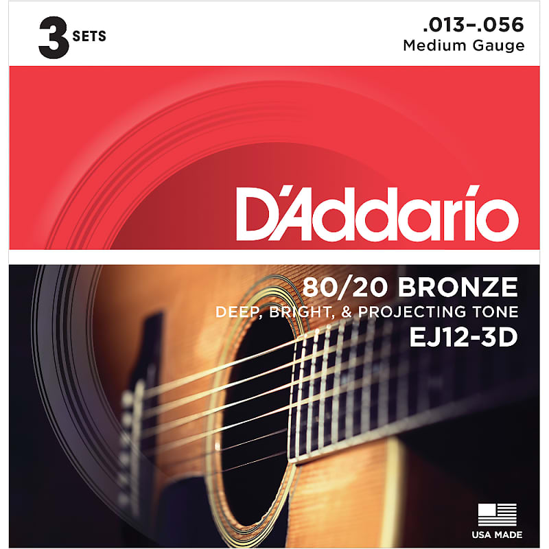 3 Pack D'Addario EJ12-3D 80/20 Bronze Guitar Strings  Medium Gauge 13-56 3PK image 1