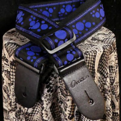 NEW! Ovation Elite Signature Epaulette Multiple Sound Hole Design Blue & Black Cotton And Nylon Guitar Strap With Leather Ends for sale