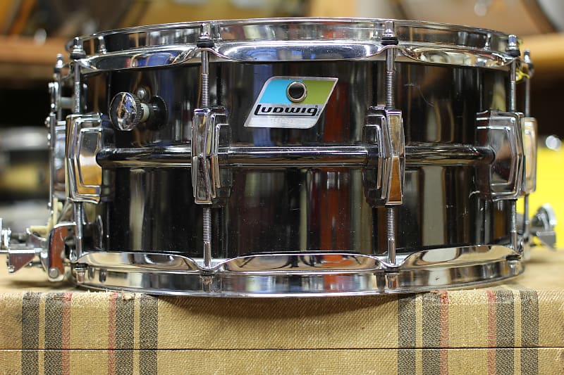 Ludwig No. 419 Black Beauty Super-Sensitive 6.5x14" Brass Snare Drum with Pointed Blue/Olive Badge 1977 - 1979 image 2