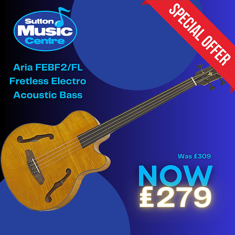 Aria FEB F2/FL M Hollow Body Fretless Medium Scale Bass Reverb