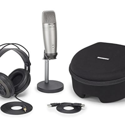 Samson C01U USB Pro Podcasting Silver Pack with headphones, mount, case, condenser mic image 1