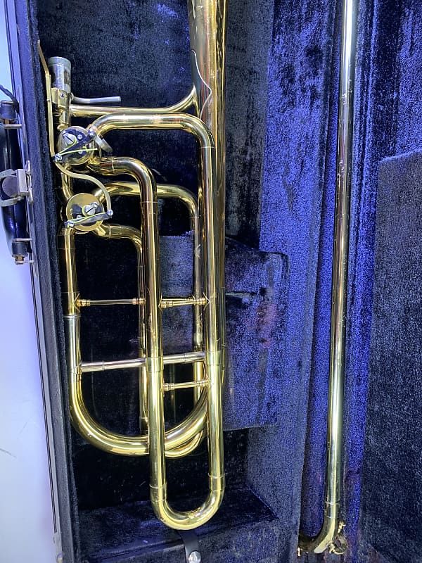 King 2107 7B in line double rotor Bass Trombone, Gold brass Reverb