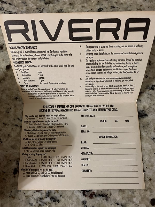 Rivera Warranty Card 80’s-90’s image 1