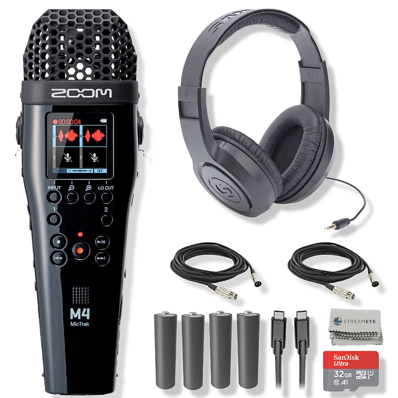 Zoom M4 MicTrak 4-channel 32-bit Recorder with Timecode Generator,  Monitoring Headphones, 5x AA Batteries, USB-C to USB-C Cable, XLR Cables,  SanDisk