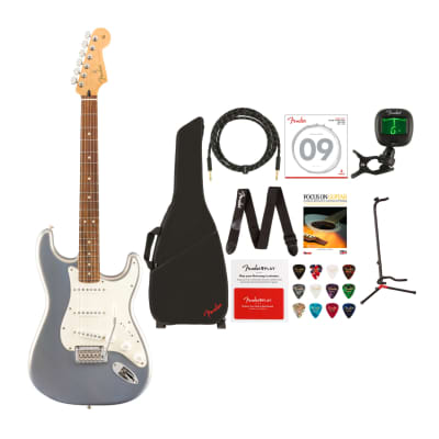Fender Player Series Stratocaster 6-String Electric Guitar (Silver) Value Bundle with Gig Bag, Stand, Tuner, Cable, Strap, Guitar Strings, Book, Guitar Picks and Prepaid Card (10 Items) for sale