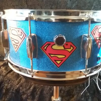 Pearl Export  custom Assaulted Battery two color Superman themed graphics over a blue sparkle wrap. image 3