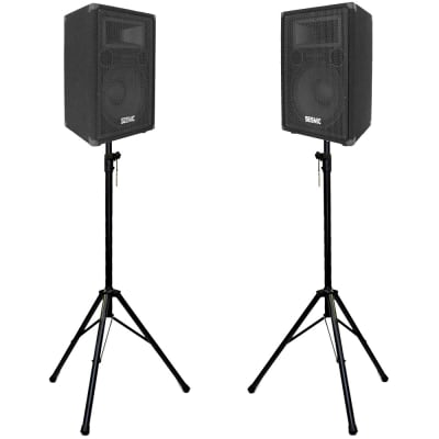 Pair of Premium 12" PA/DJ Speaker Cabinets with two Tripod Speaker Stands image 1